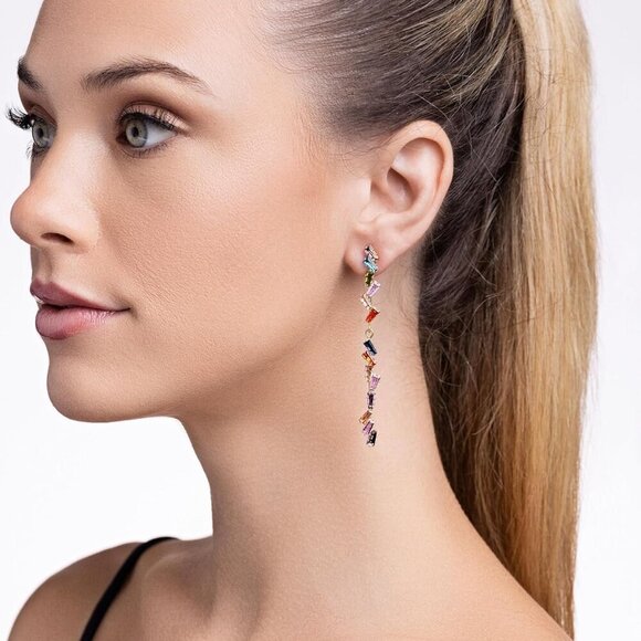 Colorful Gemstone Drop Earrings Hypoallergenic Gold Plated Jewelry Gift - Picture 2 of 4